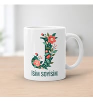 Kişiye Özel Baş Harf ve İsim Yazılı Çiçek Motiflili J Harfli Seramik Kupa Bardak