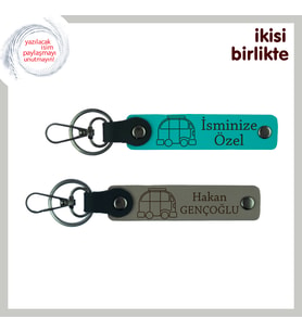 İkili Kullanıma Uygun Karavan Motifli Anahtarlık, Hediyelik Kişisel Set, Koyu Turkuaz-Kül Gri