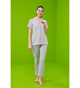 Pjs 23151 Kadın Çizgili Düğmeli Pijama Takım