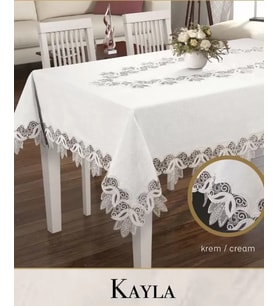 Keten Masa Örtüsü Tablecloth 155x220 cm Dantel Masası Örtüsü Kayla Model Krem