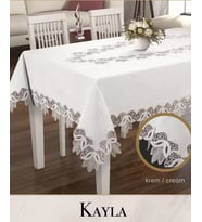 Keten Masa Örtüsü Tablecloth 155x220 cm Dantel Masası Örtüsü Kayla Model Krem
