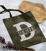 BK Gift Kişiye Özel Harfli Haki Kumaş Bez Çanta-1, Baskılı Omuz Çantası, Alışveriş Çantası