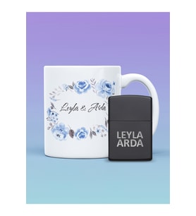 Çiçek Desenli İsimli Kupa Bardak ve Kişiye Özel İsimli Zippo (Siyah - Beyaz)