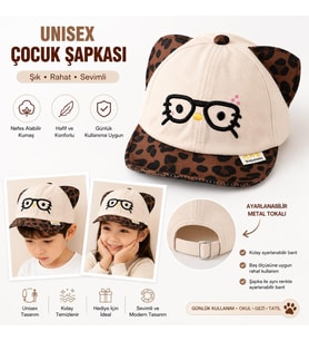 Valkyrie Unisex Çocuk Gözlüklü Kedi Kulaklı Şapka Bej Leopar Desenli Nakışlı Ayarlanır Yazlık Kep