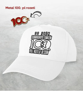 BK Gift 100. Yıl Hatırası Beyaz Şapka ve Gold Metal Rozet Hediye Seti-2, 29 Ekim Hediyesi, Cumhuriyet Bayramı, 100.Yıl Hediyesi