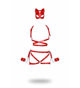 Mulvxbrf Brf02 Kırmızı Harness Takım Deri Kedi Maskeli Zincir Detaylı - Brf1036 (Mulvix)