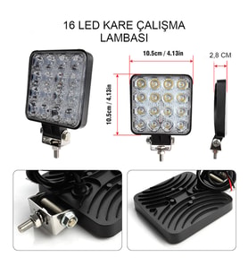 16 Led Off Road Kare Çalışma Lambası Sis Lambası Projektör Gündüz Farı 48 Watt