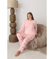 Lindros Kadın Pamuk'lu Düğme Yaka Raporlu İnterlok KIŞLIK Battal Pijama Takımı 0110 - 1 Adet (Pembe)
