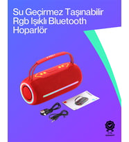 360 RGB LED'li Taşınabilir Bluetooth Hoparlör – Kırmızı, USB/TF Destekli