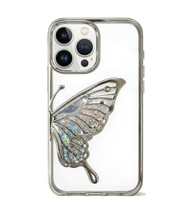 Coverzone iPhone 15 ile Uyumlu 3D Kelebekli Sıvılı Simli Şeffaf Gümüş Çerceve LunaFlow Telefon Kılıfı Kamera Lens Korumalı Lüks Parlak Koruyucu Kapak