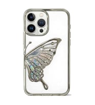Coverzone iPhone 15 ile Uyumlu 3D Kelebekli Sıvılı Simli Şeffaf Gümüş Çerceve LunaFlow Telefon Kılıfı Kamera Lens Korumalı Lüks Parlak Koruyucu Kapak