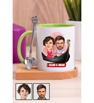 Çiftlere Özel Hediye Tek Taş Yüzük Temalı Karikatürlü Ahşap Altlıklı Yeşil Kupa Bardak