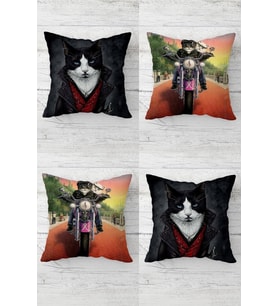 Karizma Kedi Motorlu Kedi Desen Gizli Fermuarlı Kırlent Kılıfı Koltuk Yastık Kılıfı Takım(4adet) (Gri)
