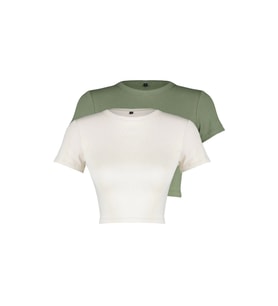Moda 2li Paket Crop Yumuşak Esnek Rahat Örme Bluz (Haki - Buz)