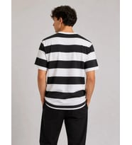 Erkek Çizgili Oversize Tişört Bisiklet Yaka Kısa Kol Yazlık T-Shirt - Siyah