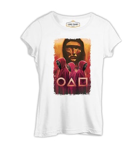 Squid Game - Maske Sarı ve Askerler Beyaz Kadın Tshirt