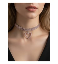 Üç Sıralı Kalp Figürlü Kristal Taşlı Choker Tasma Pembe Renk Kolye (Gümüş - Pembe)