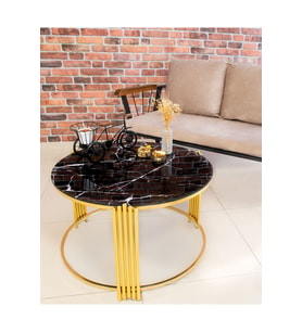 Lioon Art Piano Siyah Mermer Cam Gold Orta Sehpa Zigon