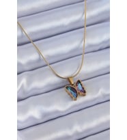 Çelik Gold Renk Mor Kristal Taşlı Kelebek Model Kadın Kolye