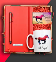 Kişiye Özel At Motifli Kupa & Kırmızı Defter & Kırmızı Roller Kalem & At Model Kart Hediye Seti