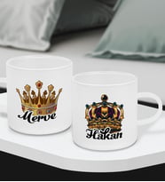 BK Gift Kişiye Özel Kral Kraliçe Tacı Tasarımlı 2’li Buzlu Cam Türk Kahvesi Fincanı, Sevgiliye Hediye, Arkadaşa Hediye, Anneye Hediye, Ofis Hesiyesi