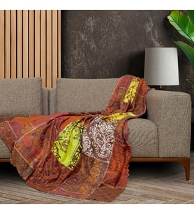 SoftMicro Etnik Desenli Boho 130x180 cm Koltuk Örtüsü Şalı, Kanepe Örtüsü, Tv Battaniyesi Kiremit Rengi