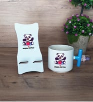 Sevimli Panda Hediye Sepeti Kupa Bardak T Kulplu ve Ahşap Telefon Standı Arkadaşa Sevgiliye Hediye (Model 3)