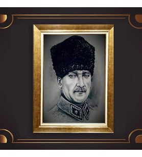 Altın Varaklı Çerçeveli Paspartulu Atatürk Tablo z4966 (Gold)