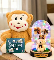 Kişiye Özel 3 Fotoğraflı Renkli LED Işıklı Fanus(peluş ayıcıklı) ve Peluş Maymun Sevgiliye Hediye Kadına Hediye