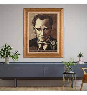 Altın Varaklı Çerçeveli Paspartulu Atatürk Tablo nl02A46 (Gold)
