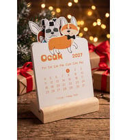 Ahşap Standlı Özel Kesim Papyonlu Corgi Tasarımlı 2027 Masaüstü Takvimi (8,5x12 cm) - Eğlenceli Yeni Yıl Hediyesi