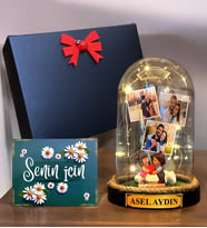 Sizlere Özel İsimli ve 3 Fotoğraflı Led Işıklı Fanus, Siyah Hediye Kutusunda (Model 10)
