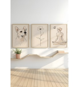 Minimal Çizim Köpek, Çiçek ve Meditasyon Figürü 3 Parçalı Ahşap Çerçeveli Tablo Seti