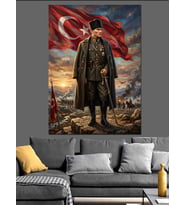 Türk Bayrağı Önünde Mareşal Atatürk Dekoratif Kanvas - Mdf Ahşap Tablo