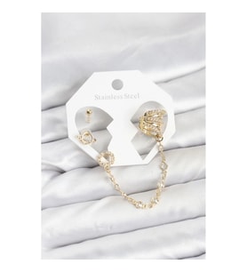Mey İthalat® Uzay Model Pirinç Gold Renk Zincir Bağlantılı Ear Cuff Küpe Seti