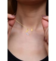 925 Ayar Gümüş Gold Kaplama Sedef Mineli Hilal Yıldız Halka Kadın Kolye