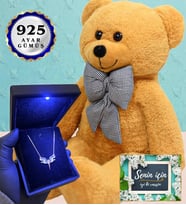 Işıklı Kutusunda 925 Ayar Gümüş Kolye ve 80cm Kahve Peluş Ayıcık (Model 4)