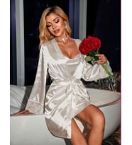 SATEN GECELİK SABAHLIK 2 Lİ TAKIM (çeyiz söz nişan bohçası) (Beyaz)