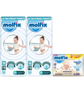 Molfix Premium Bebek Bezi Beden:6 (15+KG) Extra Large 108 Adet Ultra Fırsat Pk + 3 Adet Islak Mendil
