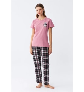 Kadın Somon Ayıcık Baskılı Ekoseli Penye Pijama Takımı