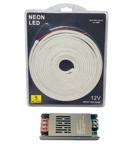 5 Metre 12 Volt 6x12 mm Esnek Neon Led 4000K Naturel Beyaz 5A Slim Trafo Set