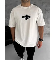 pilelistore- Unisex Bisiklet Yaka Baskılı Double Oversize T-Shirt - Beyaz