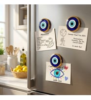 Cam Yaldızlı Nazar Boncuklu Magnet, Buzdolabı Süsü, 4x4 Cm (1 ADET) (Mavi)