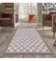 Gri Bej Halka Desenli Yıkanabilir Kaymaz Taban Leke Tutmaz Modern Salon Halısı ve Yolluk (Vizon)
