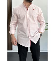 Erkek Slim Fit Keten Görünümlü Pamuklu Gömlek Pembe Edw087