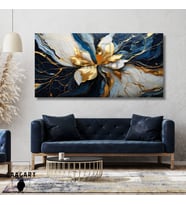 Panoramik Kanvas Duvar Tablosu Soyut Mavi Gold Mermer Deseni Çiçek