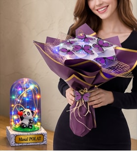 Kişiye Özel Hediye Renkli Led Işıklı Fanus ve Renkli Led Işıklı Kelebek Buketi (Model 6)