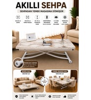 Akıllı Sehpa Üst Tabla Mdf Beyaz Mermer Oval Köşe Alt Beyaz