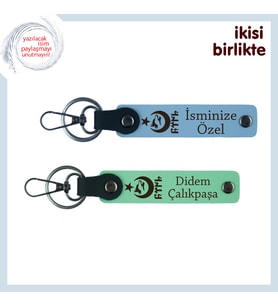 Sevgiliye Ayyıldız Kurt Göktürk – Kişisel İsimli 2’li Deri Anahtarlık Seti Hediyelik, Mavi-Yeşil