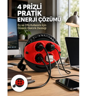 3 Metre Uzatma Kablolu 4 Prizli Makara Kırmızı